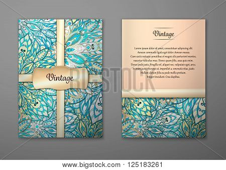 Cyan Vintage cards with Floral mandala pattern and ornaments. Vector Flyer oriental design Layout template size A5. Islam Arabic Indian ottoman motifs. Front page and back page. Easy to use and edit.