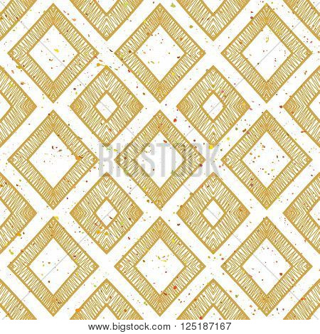 Hand drawn rhomb beige seamless pattern with motley splatter. Grunge style pattern for background, textile, paper packaging and other design. Vector illustration.