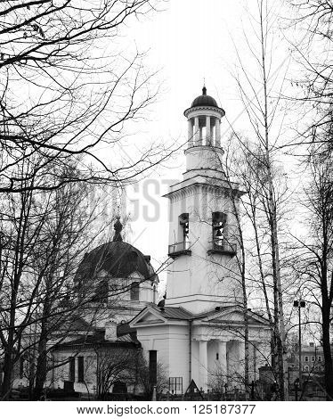 Church of St. Alexander Nevsky in Ust-Izhora town St.Petersburg suburb Russia. Black and white.