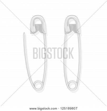 Open and closed metal safety pin isolated on white background, illustration.