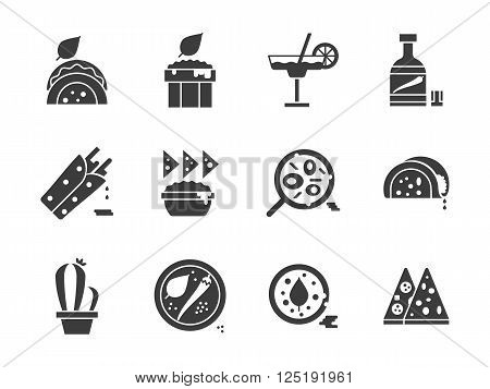 Mexican national cuisine menu. Tacos, burritos, salads and other spicy meal. Collection of symbolic black glyph style vector icons. Elements for web design and mobile.