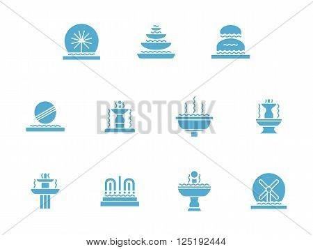 Decorative fountains. Combination of moving water with architecture and sculpture. Landscape art. Small architectural forms. Set of symbolic blue glyph vector icons. Element for web design and mobile.