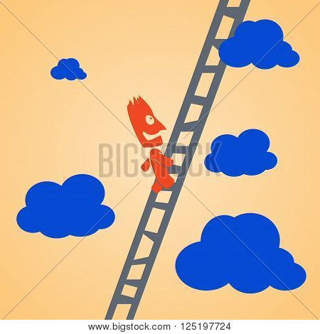 cartoon illustration of climbing businessman by ladder to up. businssman is smiling