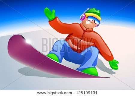 illustration of riding smiling snowboarder at hill
