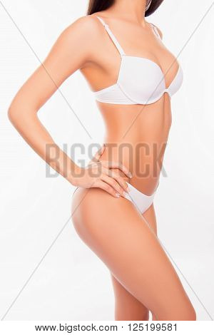 Side View Photo Of Shapely Sexy Young Woman Wearing White Undies