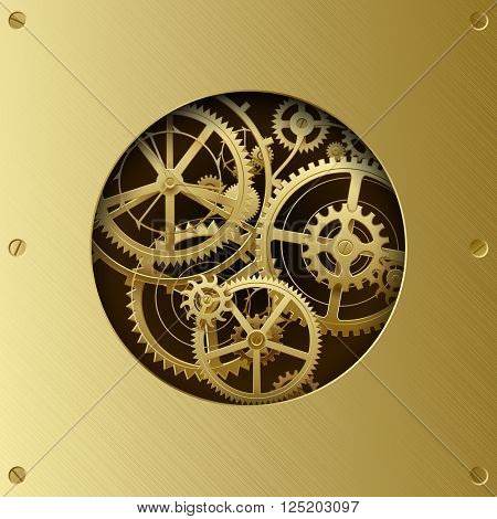 Metallic gear wheels in the brass plate with cut round hole. Circle with gears. Techno background