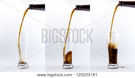 Set of three beer glasses. Pouring process of dark stout beer into a beer glass splashes drops and froth around glass against white background