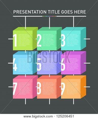 Nine coloured info boxes presentation template on dark grey background