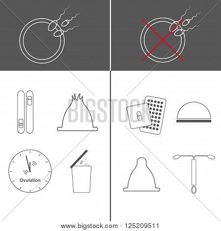 Contraception methods. Vector icon set.
Safe sex. Contraceptives. Unwanted pregnancy. Factors influencing pregnancy. Modern methods of contraception. Thin line.