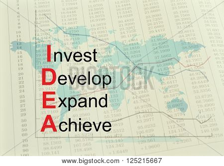Acronym IDEA - Invest Develop Expand Achieve. Concept