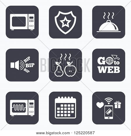 Mobile payments, wifi and calendar icons. Microwave grill oven icons. Cooking apple and pear signs. Food platter serving symbol. Go to web symbol.