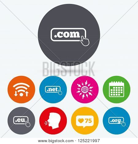 Wifi, like counter and calendar icons. Top-level internet domain icons. Com, Eu, Net and Org symbols with hand pointer. Unique DNS names. Human talk, go to web.