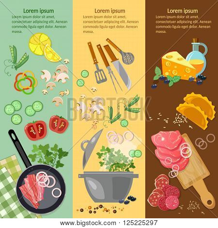 Cooking food banner fresh vegetables ingredients meat vector illustration