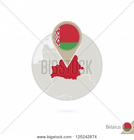 Belarus Map And Flag In Circle. Map Of Belarus, Belarus Flag Pin. Map Of Belarus In The Style Of The