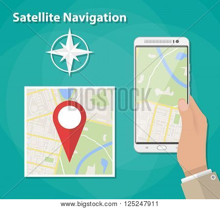 Hand holds smartphone with city map gps navigator on smartphone screen. Mobile navigation concept. City map with red pin. Vector illustration in flat design on green background
