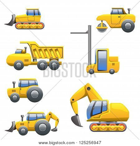 cartoon illustration of set of different yellow type of tractors and heavy maschines view from left side