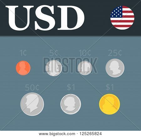 Dollar coins set isolated on background. Abstract illustration.