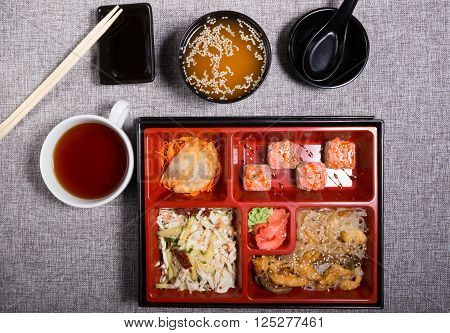 Traditional japanese lunch box set served on the table