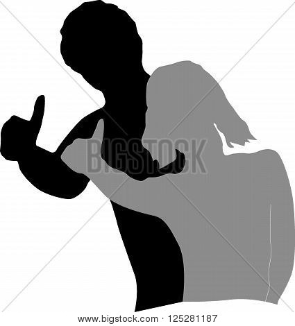 Man and woman holding up her thumb. Silhouette on white background