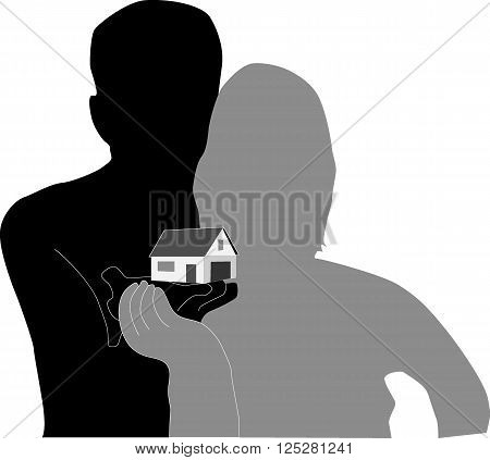 Man and woman holding home. Silhouette on white background