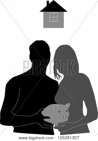 A man and a woman holding a pig piggy Bank, at the top of the house. Silhouette on white background