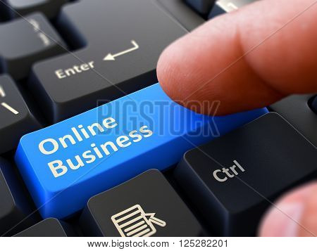 Online Business Blue Button - Finger Pushing Button of Black Computer Keyboard. Blurred Background. Closeup View. 3D Render.