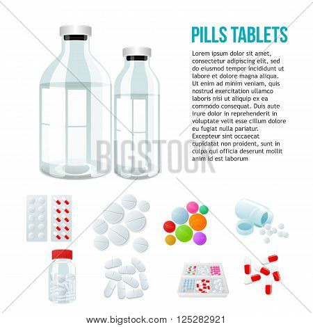 Medical jar, various pills and white and color on a white background, vector illustration with a set of drugs, colorful products. Bottles and boxes with colored vitamins. Things to human health
