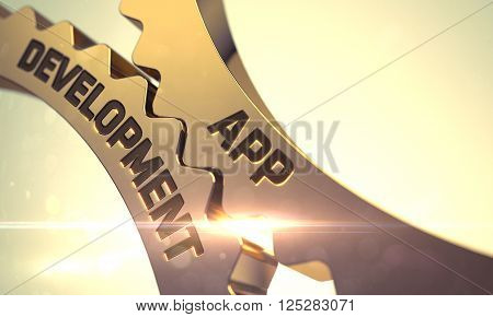 Golden Metallic Gears with App Development Concept. App Development on the Golden Cog Gears. App Development - Industrial Illustration with Glow Effect and Lens Flare. 3D.