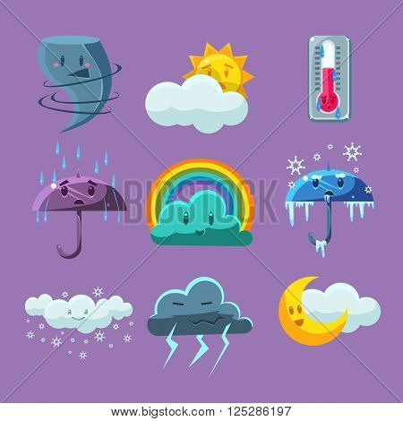 Cartoon Weather Set Of Flat Vector Cartoon Style Isolated Cute Girly Drawings On Light Blue Background