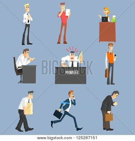 Ofiice Workers Flat Isolated Vector Design Icon Set On Light Blue Background