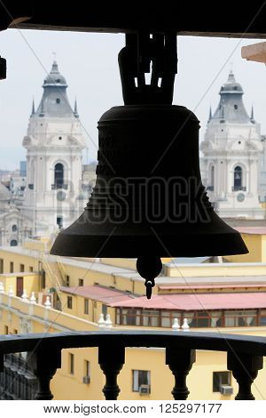 South America, Lima - capital of Peru. Cityscape - Plaza de Armas - main squer in town - architecture detail bell