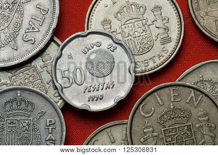 Coins of Spain. Logo for the Seville Expo 92 (Universal Exposition) depicted in the Spanish 50 peseta coin (1990).