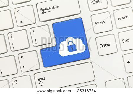 White Conceptual Keyboard - Blue Key With Cloud And Lock Symbol