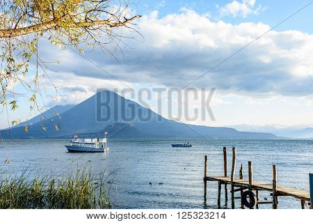 Evening light on two volcanoes Atitlan & Toliman at Lake Atitlan, Guatemala.