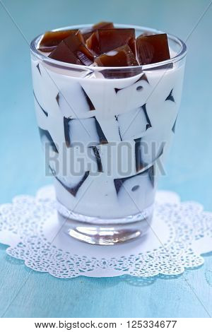 Japanese Coffee Jelly Dessert with sweet cream