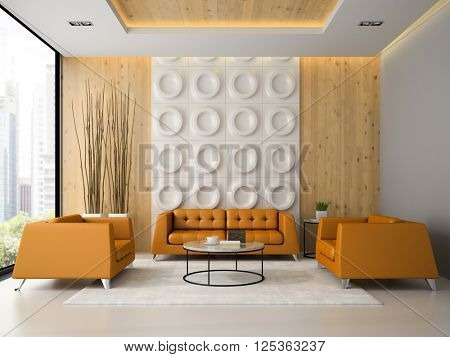 Interior of living room with orange armchairs and sofa 3D rendering 