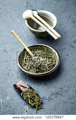 Organic Sencha green tea with ceramic spoon