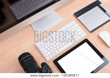 Dslr Digital Camera With Tablet And Computer Pc