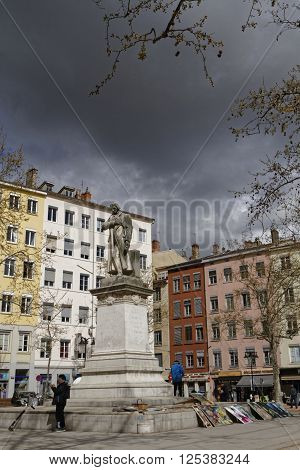 Lyon, France, April 8, 2016 : Jacquard Statue In Croix-rousse District. Jacquard Was A French Weaver