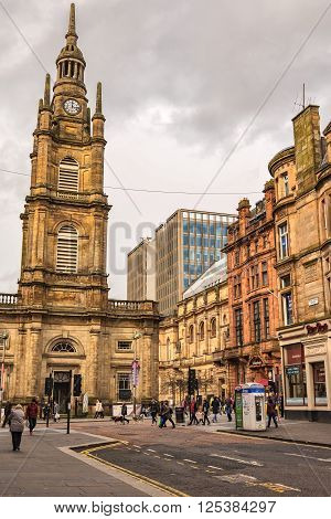 GLASGOW SCOTLAND - April 02: Glasgow street scene on April 02 2016 in Scotland. Glasgow is Scotland's largest city and third largest in Great Britain.