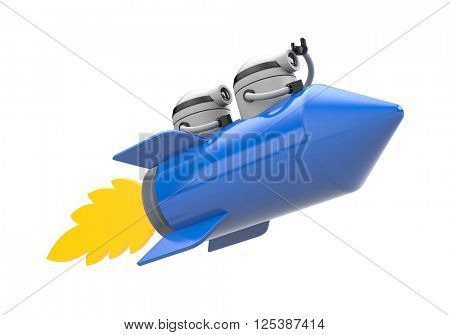 Robots flying on the rocket. 3d illustration