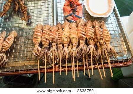 Fresh seafood at fish market near Bangkok, in Thailand