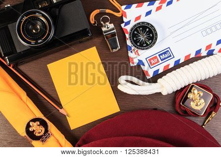 Packing Checklists For Scout Camping Trips, Trip Vacation, Mock Up Close-up On Wooden Table.