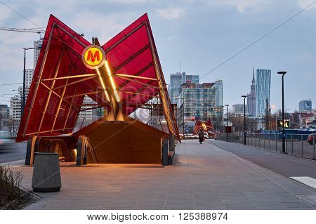 Warsaw, Poland - March 28, 2016: Warsaw subway station Rondo Daszynskiego. The Metro in Warsaw operates only two lines. This Image shows the futuristic subway station of the line M2 at Rondo Daszynskiego.