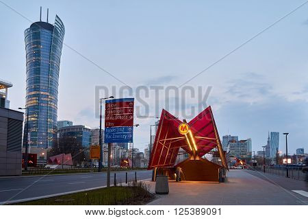 Warsaw, Poland - March 28, 2016: Warsaw subway station Rondo Daszynskiego. The Metro in Warsaw operates only two lines. This Image shows the futuristic subway station of the line M2 at Rondo Daszynskiego.