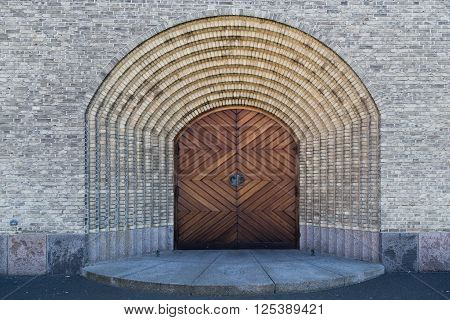 Copenhagen, Denmark - April 11, 2016: Entrance portal to Grundtvigs Church