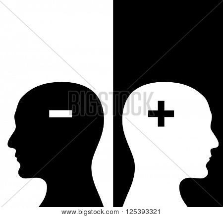 Contrast concept. Two humans profiles of white and black colors with brains in the plus and minus form. Isolated on black and white backgrounds