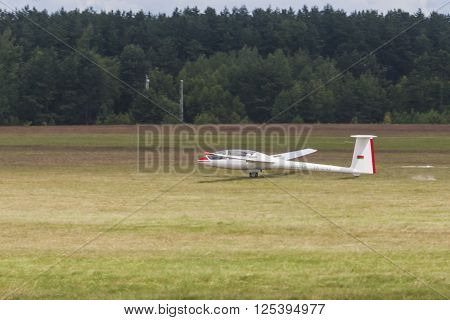 Minsk Belarus-June 21 2014: Glider on Takeoff and Landing Strip During Aviation Sport Event Dedicated to the 80th Anniversary of DOSAAF Foundation in Minsk on June 21 2014 in Minsk Republic of Belarus