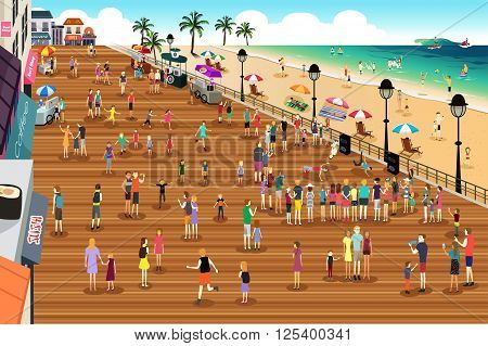 A vector illustration of people in a boardwalk scene
