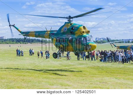 Minsk, Belarus-June 21, 2014: MI-2 Helicopter on Air During Aviation Sport Event Dedicated to the 80th Anniversary of DOSAAF Foundation in Minsk on June 21, 2014 in Minsk, Republic of Belarus